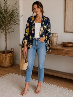 Angel Eye Navy Floral Open-Front Kimono Blazer